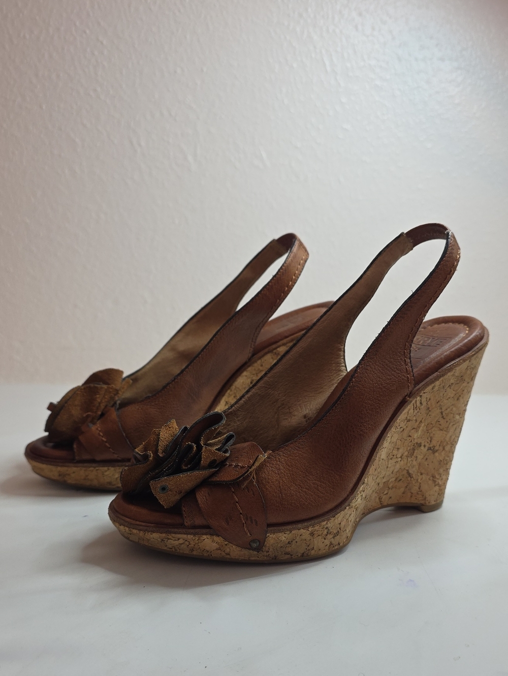 FRYE PEPPER LEAF SLINGBACK CORK FLORAL LEATHER WEDGES LADIES 7 GUC